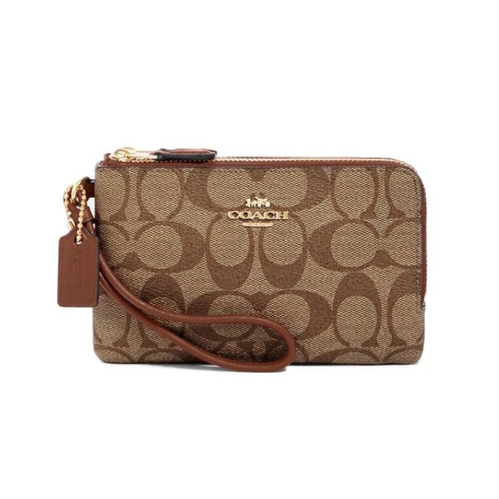 NWT Coach 87591 Double Corner Zip Wristlet In Signature Canvas Khaki Redwood